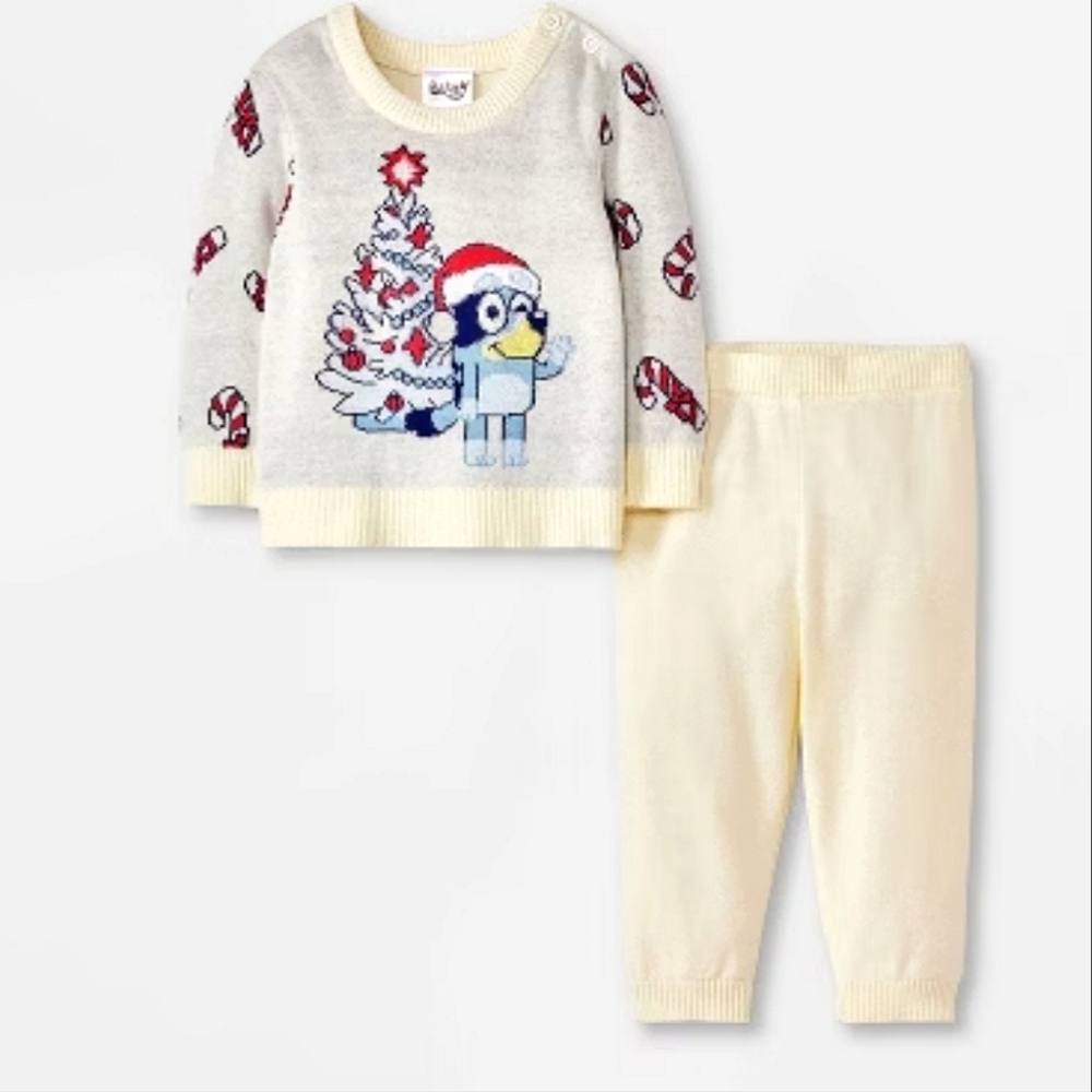NEW Baby Bluey Holiday Christmas Tree 2pc Sweater and Pant set size 0-3 months